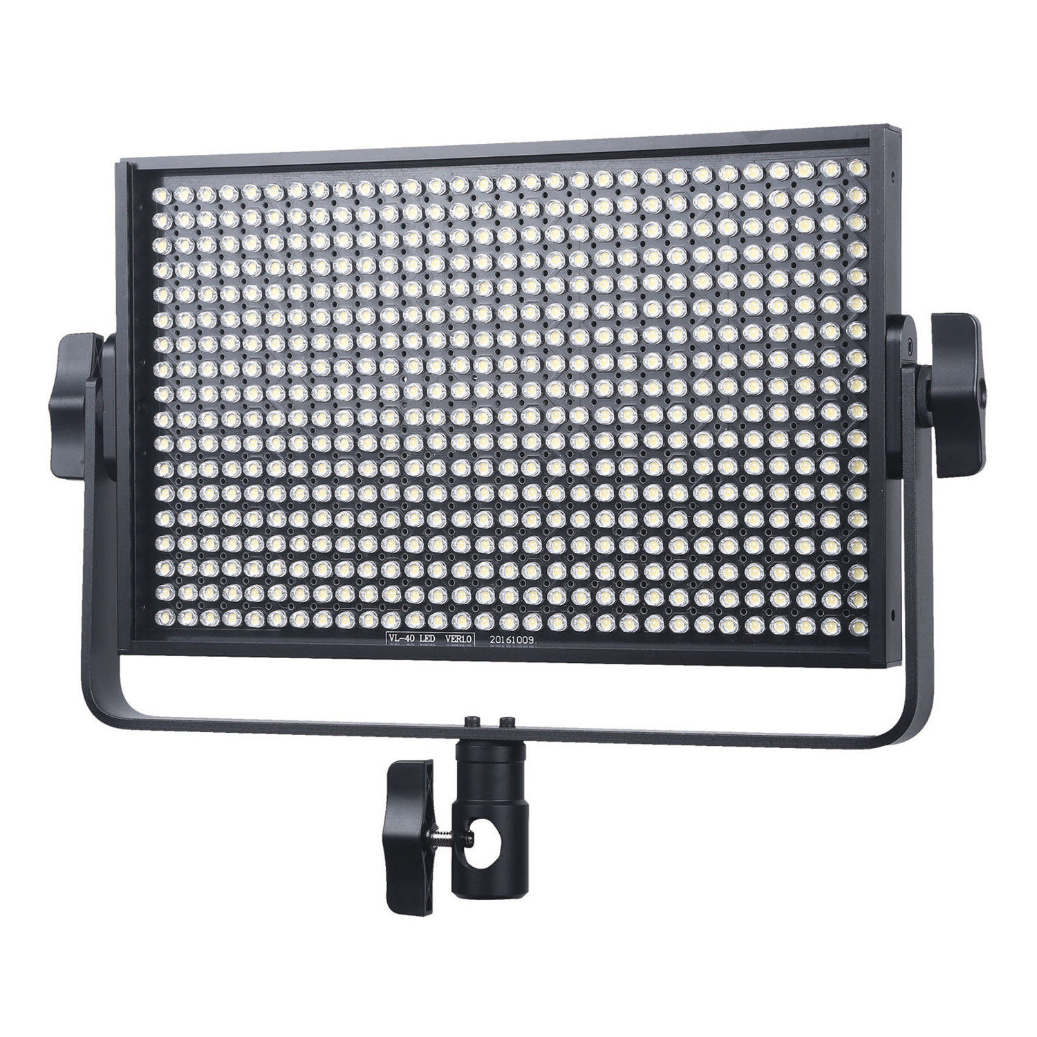 The Viltrox VL 40T LED luminaire is a rectangular panel with hundreds of LED lights in a grid, mounted on a black adjustable bracket with a tension knob at the bottom.