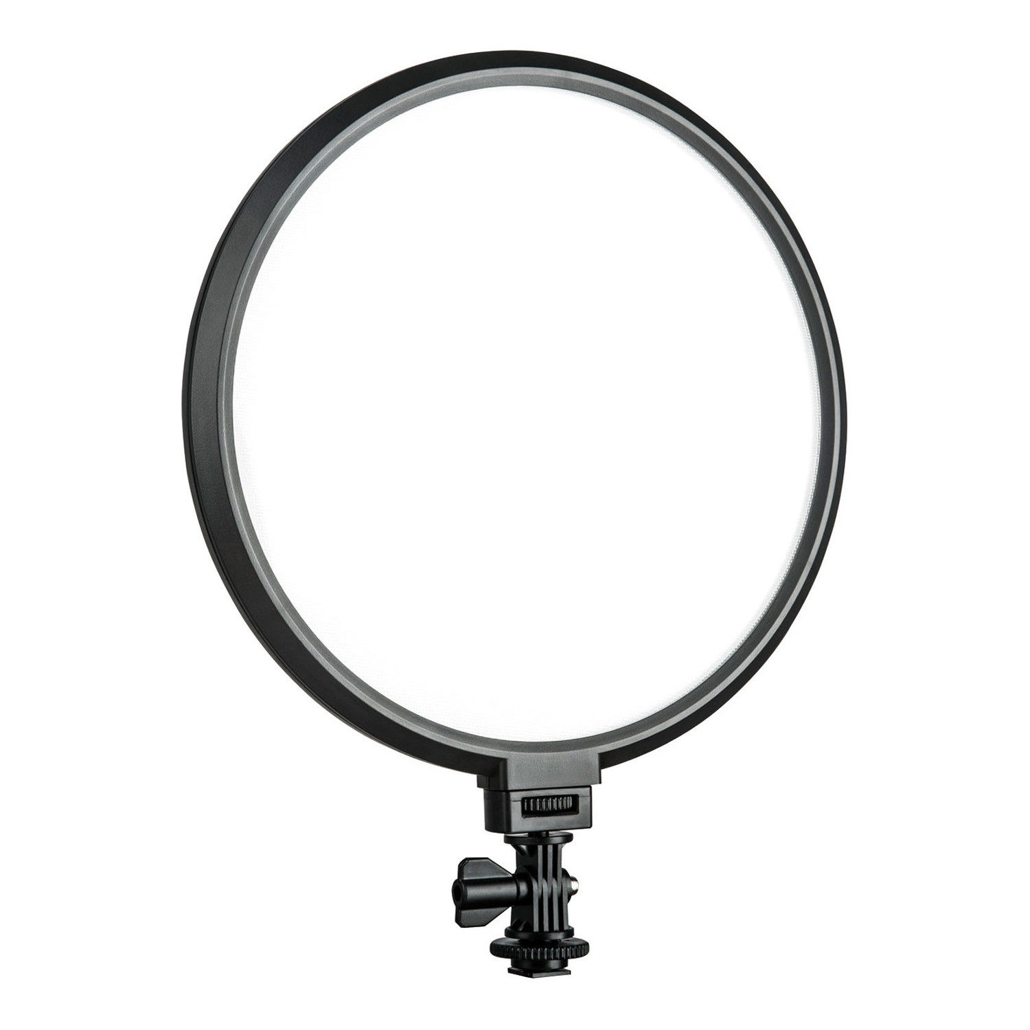 Viltrox VL 500T Ring LED -valaisin on suuri pyöreä valaisin, jossa on musta kehys ja säädettävä kiinnitys, ihanteellinen valokuvauksen tai videokuvauksen valaistukseen.