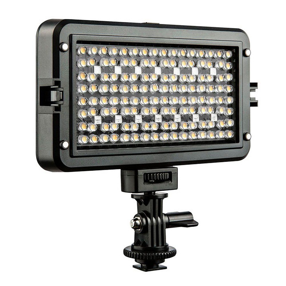 The Viltrox RB10 LED light is a rectangular panel with rows of small LED lights mounted on an adjustable bracket with clamp and tension knob, designed for photography or videography.