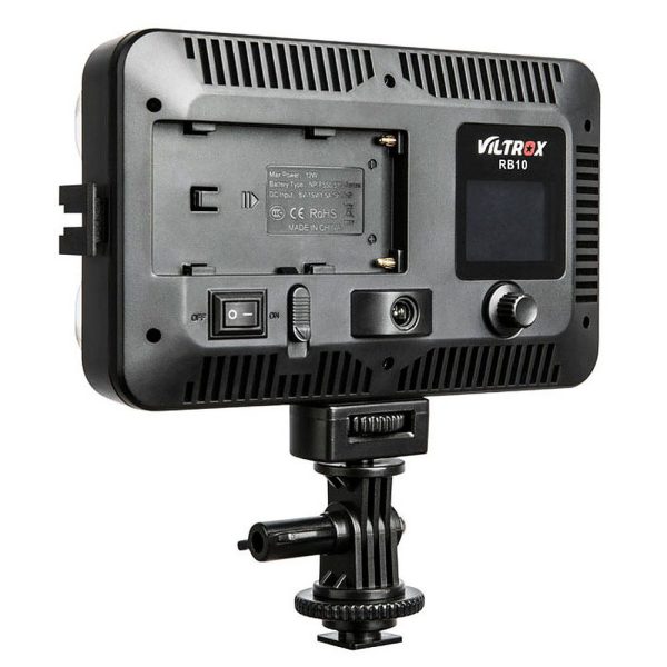 Rear view of Viltrox RB10 LED light with battery compartment, control buttons, on/off switch, display and bracket.