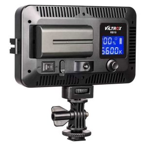 The Viltrox RB10 LED luminaire has a digital display for battery level and colour temperature, as well as control buttons and a power switch mounted on an adjustable stand.