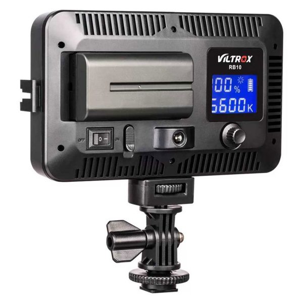 The Viltrox RB10 LED luminaire has a digital display for battery level and colour temperature, as well as control buttons and a power switch mounted on an adjustable stand.
