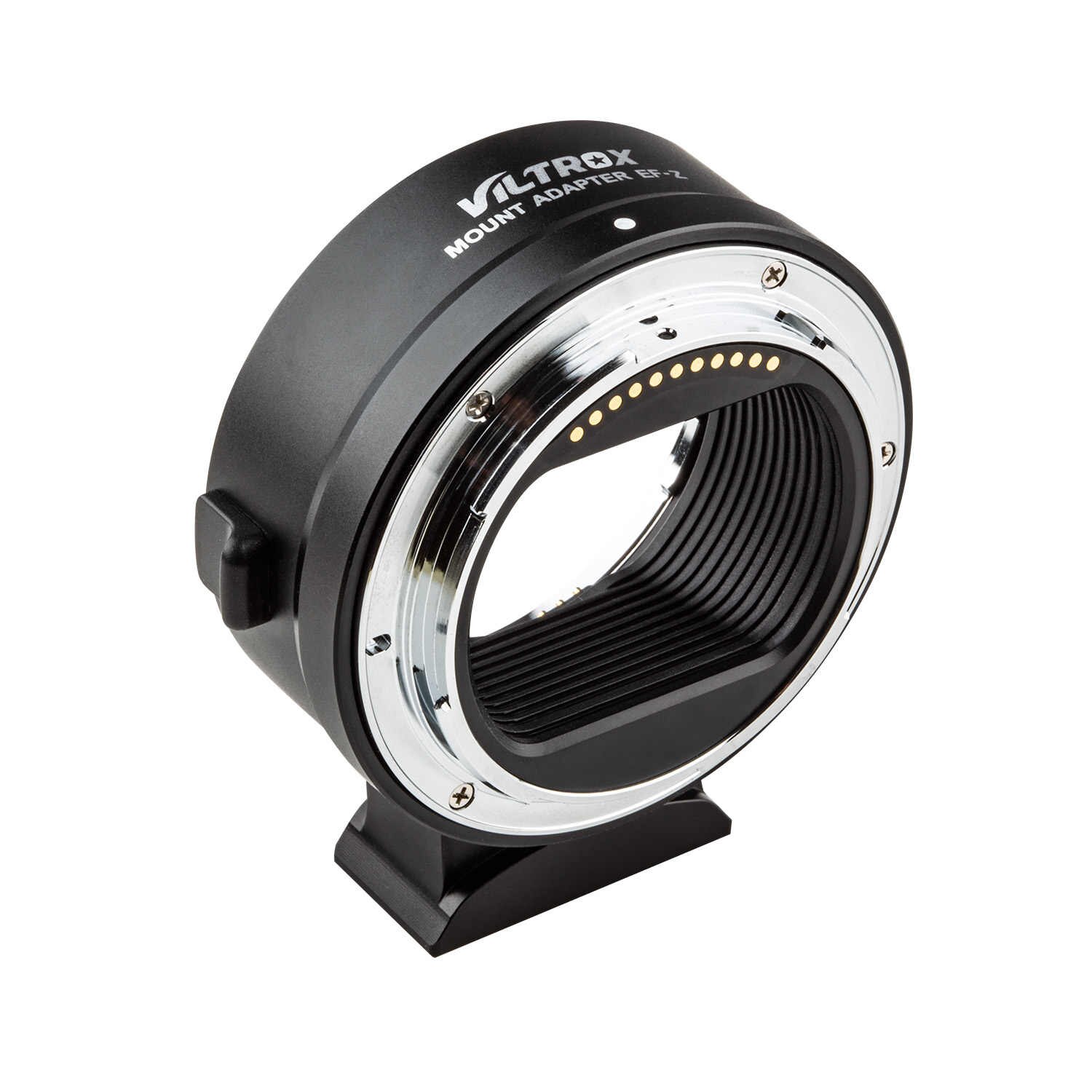 Viltrox EF-Z Autofocus Adapter for Nikon Z6/Z7, jossa on elektroniset koskettimet Canonin EF-objektiivien kiinnittämiseksi Nikonin Z-mount-kameroihin, näkyy valkoisella pohjalla.