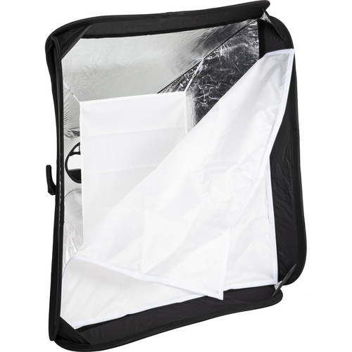 The Godox S2 type Bracket Bowens + Softbox 80x80cm has the white diffuser partially removed to reveal its reflective silver inner lining and sturdy internal support structure.