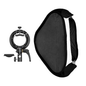 The Godox S2-type Bracket Bowens and 80x80cm softbox are shown together, both designed for photographic lighting setups.