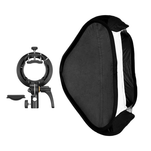 The Godox S2-type Bracket Bowens and 80x80cm softbox are shown together, both designed for photographic lighting setups.