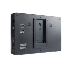 The Viltrox DC 70 HD LCD 7" monitor in black is visible from the back and features HDMI in/out ports, a power button, speaker vents and a central battery compartment.