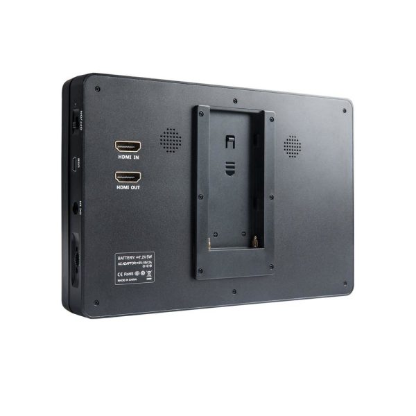 The Viltrox DC 70 HD LCD 7" monitor in black is visible from the back and features HDMI in/out ports, a power button, speaker vents and a central battery compartment.