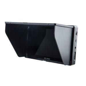 The black 7" Viltrox DC 70 HD LCD monitor features an attached sun hood, side ports and the Viltrox logo below the screen on the front.
