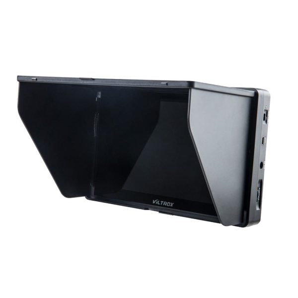 The black 7" Viltrox DC 70 HD LCD monitor features an attached sun hood, side ports and the Viltrox logo below the screen on the front.