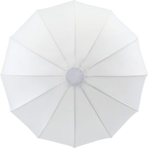 Ylhäältä alaspäin näkymä täysin avattuun Godox CS65D Lantern Softbox 65cm valkoiseen, jossa on useita paneeleita, jotka lähtevät säteittäisesti pyöreästä keskipisteestä.