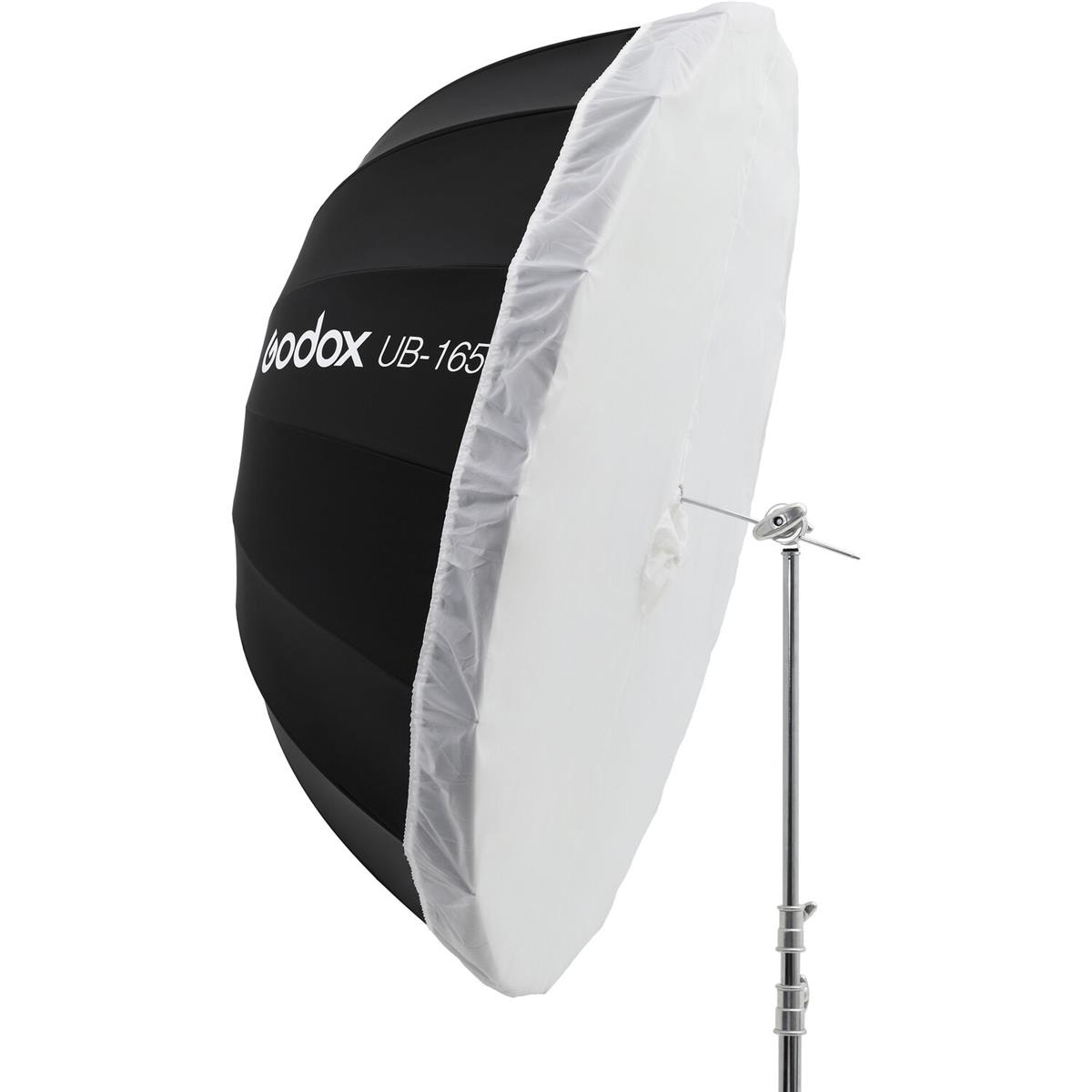 The Godox 165cm transparent diffuser for parabolic umbrella is attached to a large black and white umbrella softbox, which is attached to a metal light stand.