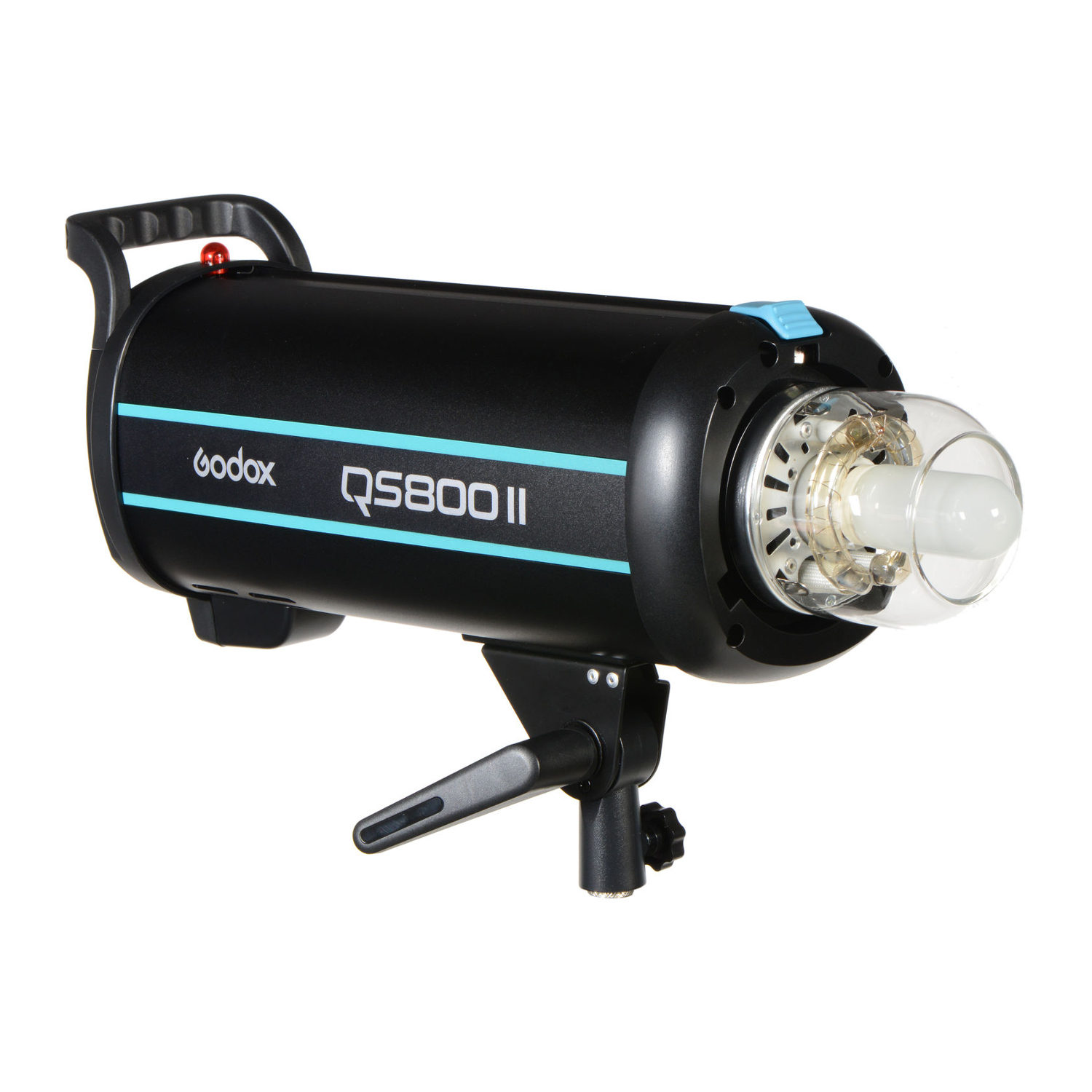 1603173356_895 Godox QS800II on musta studiostroboskooppivalaisin, jossa on sylinterimäinen salamaputki, siniset korostukset, kahva ja säädettävä kiinnike.