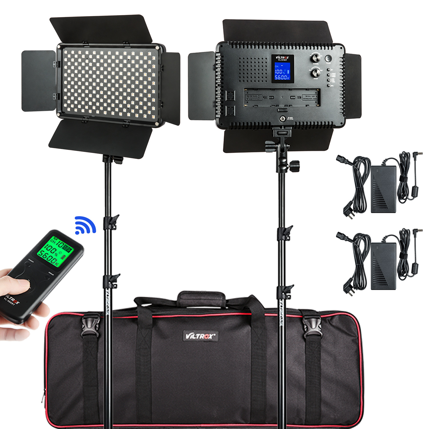 Viltrox VL S192T LED Light Duo Kit sisältää kaksi LED-videovaloa, joissa on lato-ovet jalustoilla, kaukosäätimen, kaksi virtalähdettä ja mustan kantolaukun, jossa on punainen reunus ja "Viltrox"-brändi.