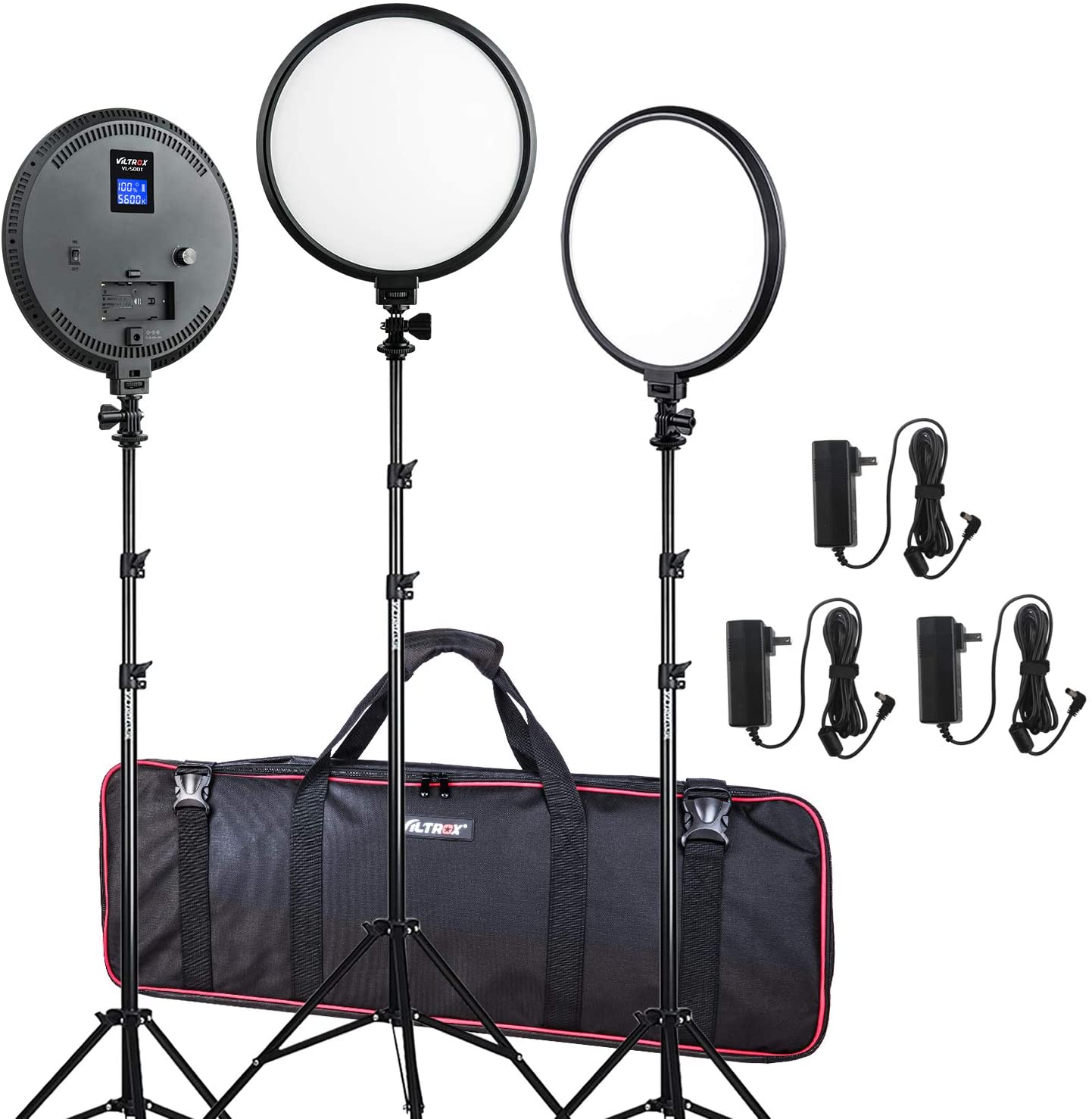 The Viltrox VL 500T LED Light Triple Kit includes three round LED studio lights on an adjustable stand, a black carrying case with a red border and four power adapters with wires, all shown against a white background.