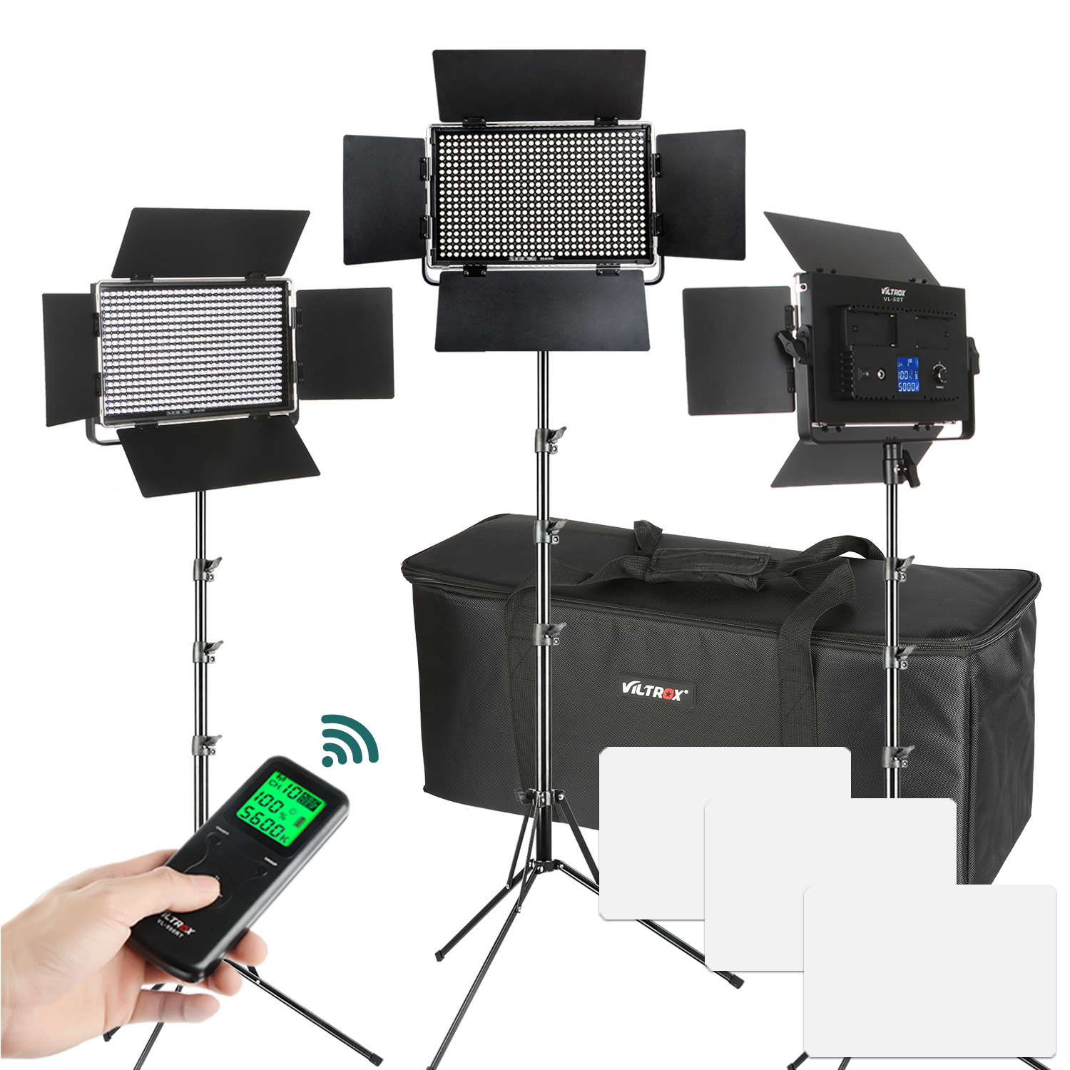 The Viltrox VL S50T LED Light Triple Kit includes three LED panel lights with barn doors on adjustable stands, a large black Viltrox carrying case, three white diffusers and a wireless remote control that appears on a white background.