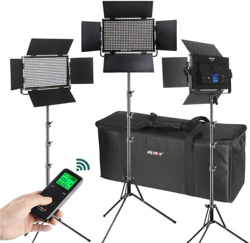 The Viltrox VL 40T LED Light Triple Kit includes three professional panel lights with barn doors on adjustable stands, a handheld remote control and a black carrying case - ideal for portable photography or video lighting.