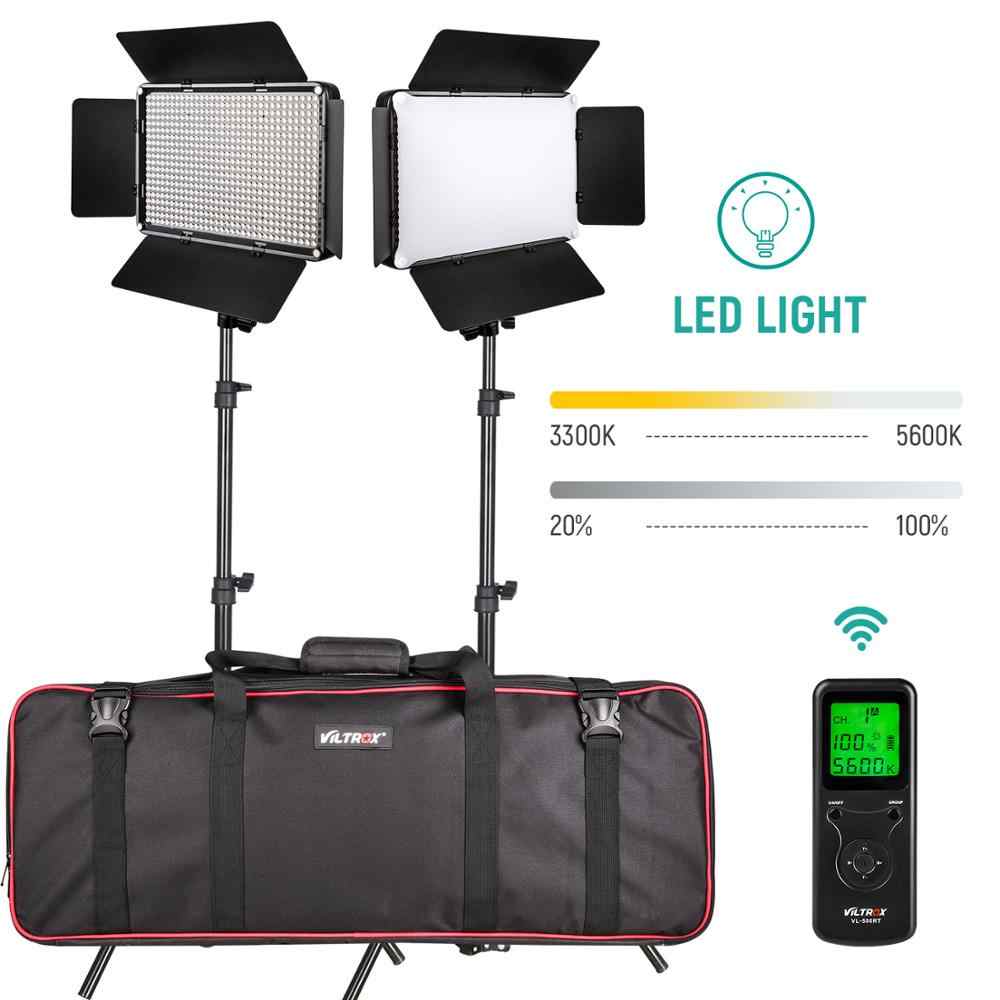Viltrox VL D640T LED Light Duo Kit sisältää kaksi säädettävää LED-paneelivalaisinta, joissa on lato-ovet jalustoilla, mustan kantolaukun, langattoman kaukosäätimen sekä värilämpötilan (3300K-5600K) ja kirkkauden (20 %-100 %) säädön.