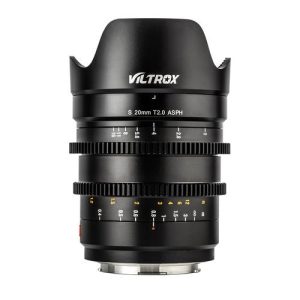 1609160650_387 Mustassa Viltrox MF 20mm T2 FF Cine-objektiivi -objektiivi, L Mount, jossa on terälehden muotoinen huppu, jossa on valkoisella ja keltaisella merkityt tarkennus- ja aukkorenkaat, merkintä S 20mm T2.0 ASPH.