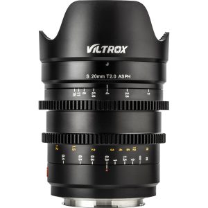 1615451536_486 Viltrox MF 20mm T2 FF Cine-objektiivi -objektiivi, L Mount, musta, kuvassa on vastavalosuoja sekä valkoisella ja keltaisella merkinnällä varustetut tarkennus- ja aukkorenkaat valkoista taustaa vasten.