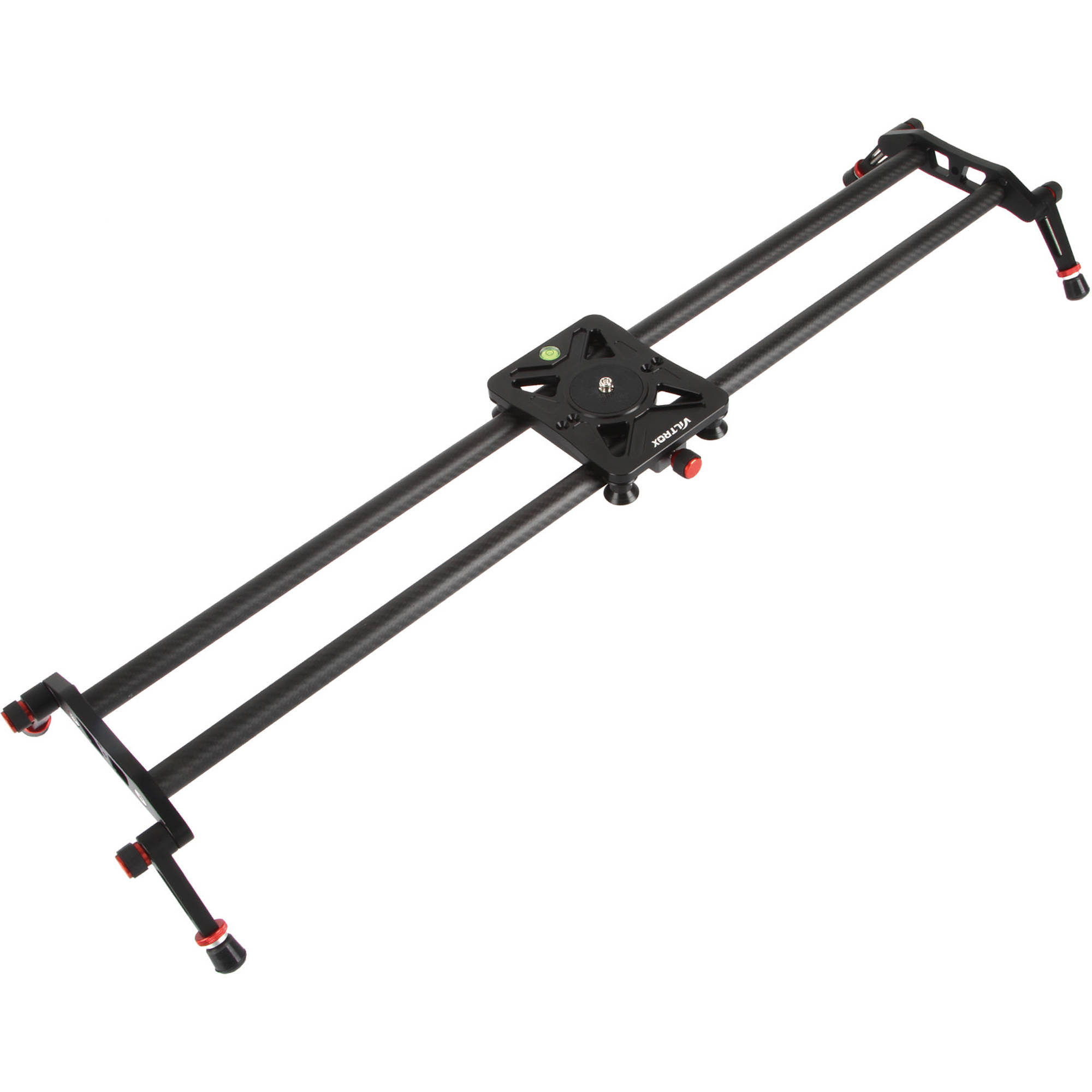 Viltrox 80cm Carbon Fiber Track Dolly Rail Sliderissa on kaksi yhdensuuntaista tankoa, keskeinen kiinnitysalusta kameran tasaista vaakasuoraa liikettä varten, säädettävät jalat ja erottuvat punaiset aksentit ammattimaista kuvaamista varten.