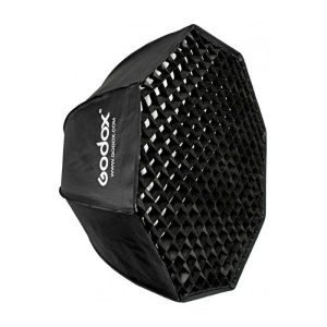 Black, 95 cm Godox Octa Softbox, with attached grating, diffuses and adjusts light for photography. The Godox logo and website appear on the side.