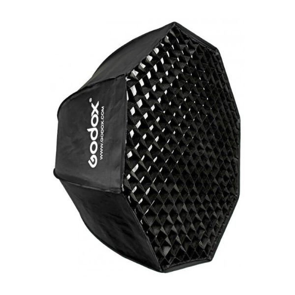 Black, 95 cm Godox Octa Softbox, with attached grating, diffuses and adjusts light for photography. The Godox logo and website appear on the side.