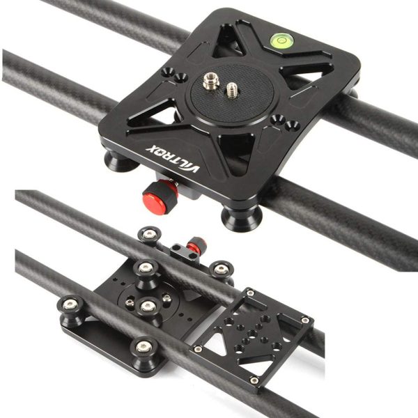 Lähikuva mustasta Viltrox 80cm Carbon Fiber Track Dolly Rail Sliderista, jossa on kiinnityslevy ja vesivaaka sulavaa liikettä varten kaksoiskiskiskoilla, kahdesta kulmasta valkoista taustaa vasten.