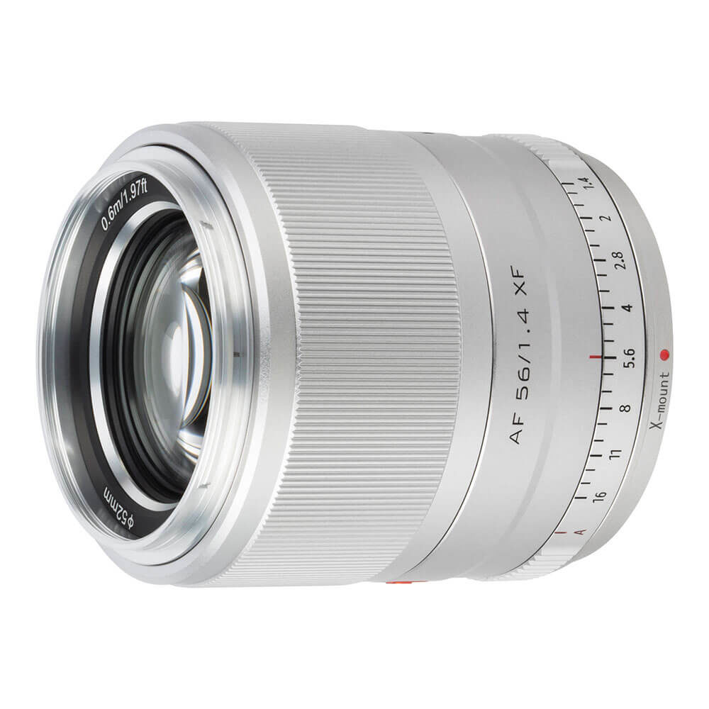 Viltrox AF 56mm f/1.4 lens, Fuji X (silver) includes focus ring and aperture ring, distance markings and a 52mm filter coil size, which is visible on the front.