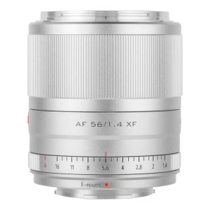 The Viltrox AF 56mm f/1.4, Fuji X (silver) lens features a silver finish, aperture markings from f/1.4 to f/16, X-mount markings on the base, a textured focus ring and a sleek modern design.