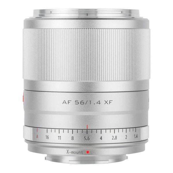 The Viltrox AF 56mm f/1.4, Fuji X (silver) lens features a silver finish, aperture markings from f/1.4 to f/16, X-mount markings on the base, a textured focus ring and a sleek modern design.