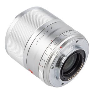 The silver Viltrox AF 56mm f/1.4 lens for Fuji X features engraved markings, a focus ring, aperture scale and visible electronic contacts on the mount side.