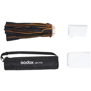 Taitettu Godox Quick Release Parabolic Softbox QR P70 Bowens oransseilla korostuksilla, merkitty musta kantolaukku ja kaksi valkoista diffuusoria ovat esillä valkoisella pohjalla.