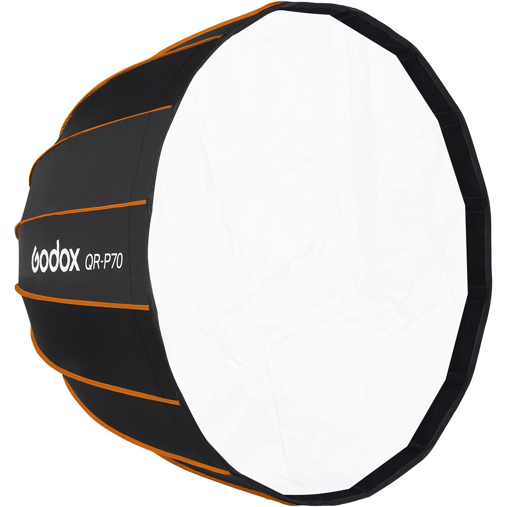 Godox Quick Release Parabolic Softbox QR PF70 Profoto -valaisimessa on musta ulkokuori, jossa on oranssit korostukset ja valkoinen diffuusiopaneeli, ihanteellinen studiovalaistukseen ja valokuvaukseen.