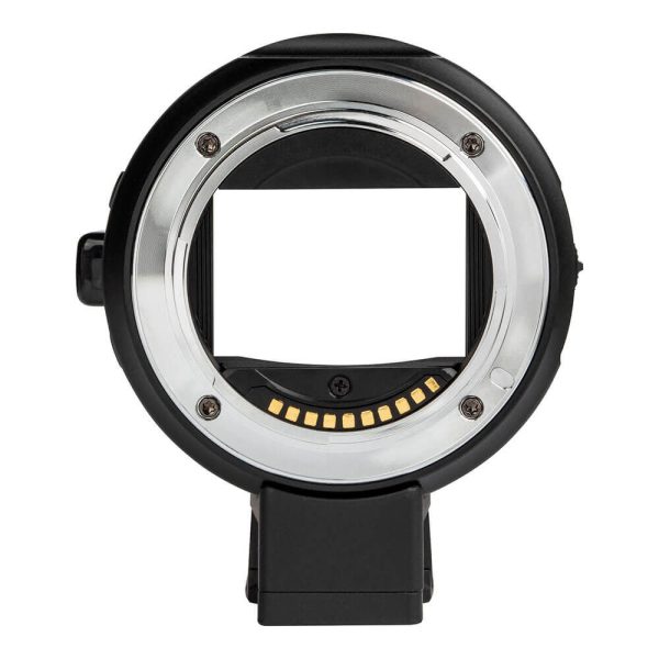 Close-up of the front view of the Viltrox EF - Sony E adapter, highlighting its black finish, metal contacts and open circular centre for lens attachment.