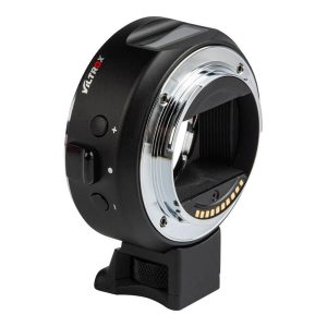 The black Viltrox EF - Sony E adapter with electronic contacts, tripod foot and + and - switches on the side is visible against a white background.