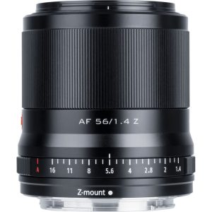 Musta Viltrox AF 56mm f/1.4 -objektiivi, Nikon Z -objektiivi, jossa on merkitty tarkennus- ja aukkorengas (f/1.4-16), merkintä AF 56/1.4 Z ja Z-mount lähellä metallikiinnikettä.