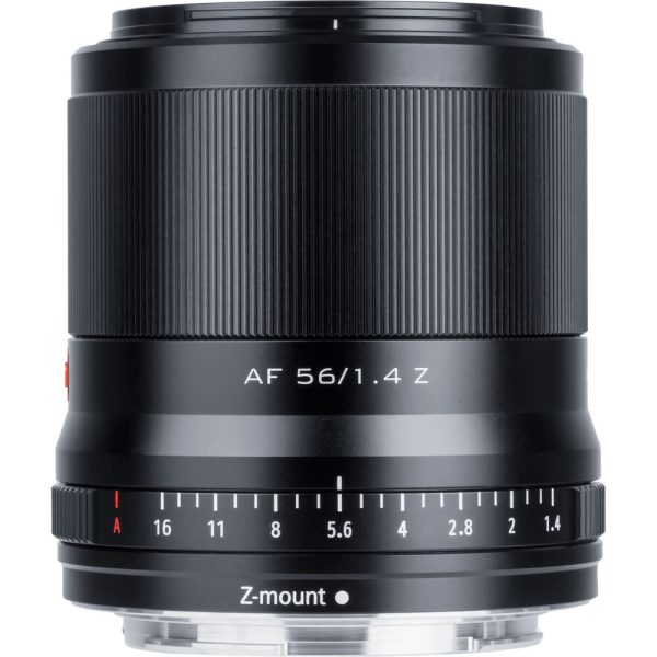Musta Viltrox AF 56mm f/1.4 -objektiivi, Nikon Z -objektiivi, jossa on merkitty tarkennus- ja aukkorengas (f/1.4-16), merkintä AF 56/1.4 Z ja Z-mount lähellä metallikiinnikettä.