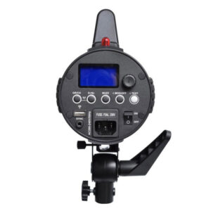 Close-up of the rear panel of the Godox GS300II studio strobe light with digital display, control buttons, switches, sync port, power supply and base bracket.