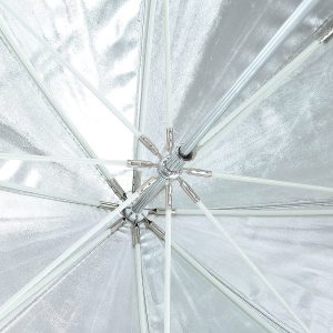 Close-up of the Godox SB-UBW80 Softbox with Octa Umbrella 80cm, highlighted by its silver-coloured reflective interior, central metal pole and outwardly radiating white frames.
