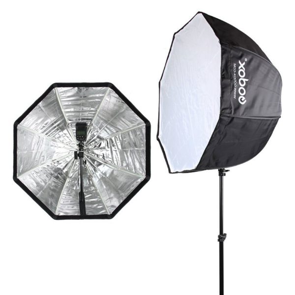Two Godox SB-UBW80 Octa Umbrella Softboxes (80cm) on a black stand - one front facing with a silver reflective interior, the other side facing with a white diffusion panel and the Godox branding on the side.