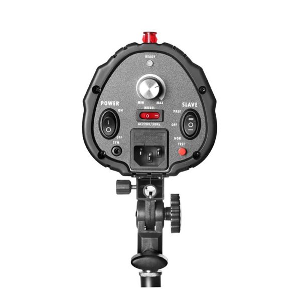 Lähikuva Godox Mini Pioneer 250 Watt Softbox Duo Kit -studiostroboskoopin takakuvasta, jossa näkyvät säätöpyörät, kytkimet, virransyöttö, "POWER"- ja "SLAVE"-painikkeet sekä testipainike, asennettuna jalustalle valkoista taustaa vasten.