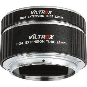 Two black Viltrox macro extension tube rings (12mm/24mm, L-mount) with textured surfaces and silver mounts are stacked together and designed for macro photography with interchangeable lens cameras.