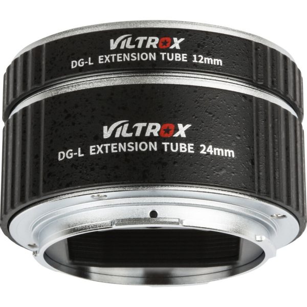 Two black Viltrox macro extension tube rings (12mm/24mm, L-mount) with textured surfaces and silver mounts are stacked together and designed for macro photography with interchangeable lens cameras.