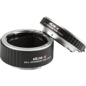 Two Viltrox macro extension tube rings (12mm and 24mm, L-mount), both black with silver-coloured metal ends and white/red text, one upright and one on the side.