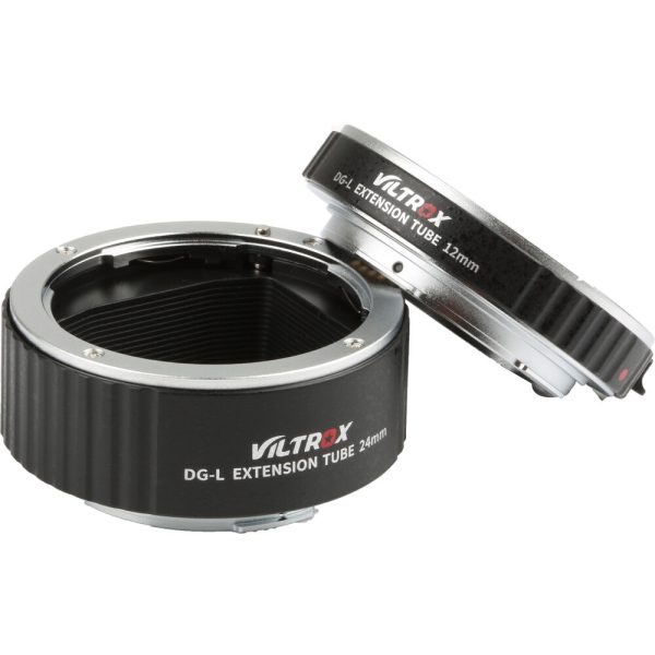 Two Viltrox macro extension tube rings (12mm and 24mm, L-mount), both black with silver-coloured metal ends and white/red text, one upright and one on the side.