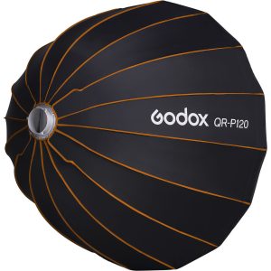 Musta Godox Quick Release Parabolic Softbox QR PF120 Profoto, jossa on oranssit heijastinkylkiluut ja jonka kyljessä on valkoisella painettu tuotemerkki ja mallinumero.