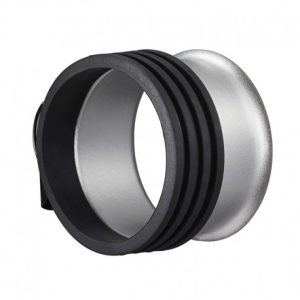 Hopean ja mustan värinen sylinterimäinen Godox Quick Release Parabolic Softbox QR PF120 Profoto, jossa on metallinen viimeistely ja mustat harjatut nauhat sen ulkopinnan ympärillä.