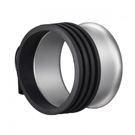 Hopean ja mustan värinen sylinterimäinen Godox Quick Release Parabolic Softbox QR PF120 Profoto, jossa on metallinen viimeistely ja mustat harjatut nauhat sen ulkopinnan ympärillä.