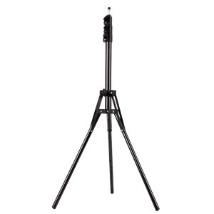 Viltrox Compact Light Stand on musta, säädettävä kolmijalkainen kolmijalkainen jalusta, jossa on kolme ulosvedettyä jalkaa ja pystysuora keskitanko.